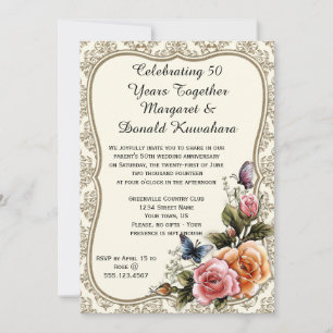 Gold Damask Gold Frame Roses 50th Anniversary Invitation