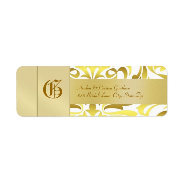 Gold Damask Monogram Gold Wedding Address Label (Front)