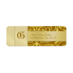 Gold Damask Monogram Tan Wedding Address Label