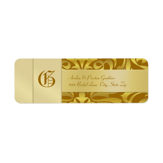 Gold Damask Monogram Tan Wedding Address Label (Front)