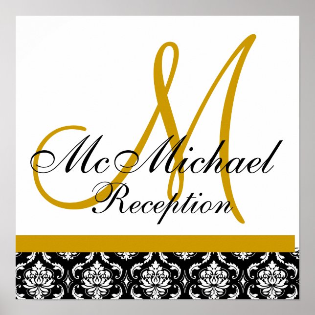 Gold Damask  Monogram Wedding Reception Poster (Front)