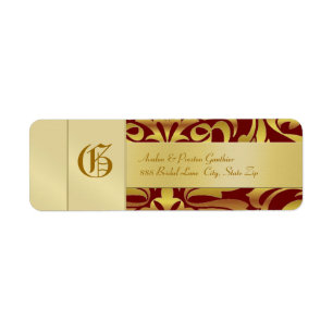 Gold Damask Monogramme Mariage rouge Étiquette de 
