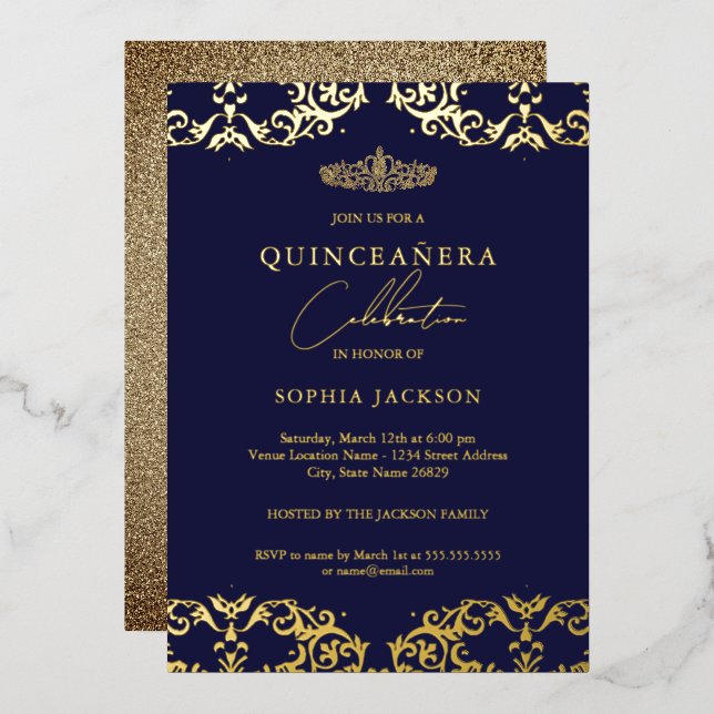 Gold Damask Navy Quinceanera 15th Birthday (Front/Back)