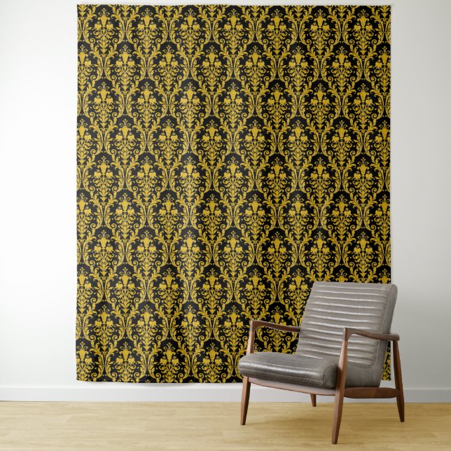 Gold Damask on Black Floral Chic Elegant Backdrop Tapestry (In Situ)
