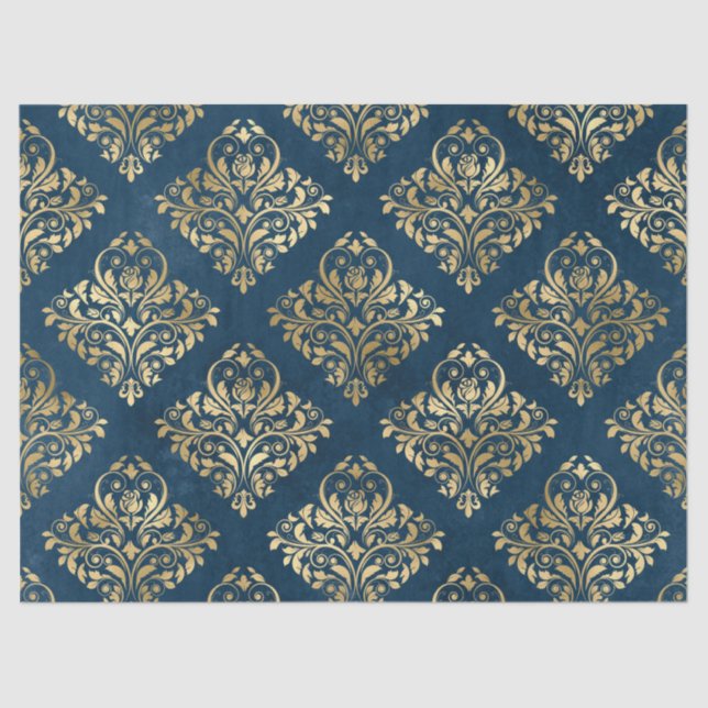 Gold Damask on Blue Decoupage Tissue Paper (Front)