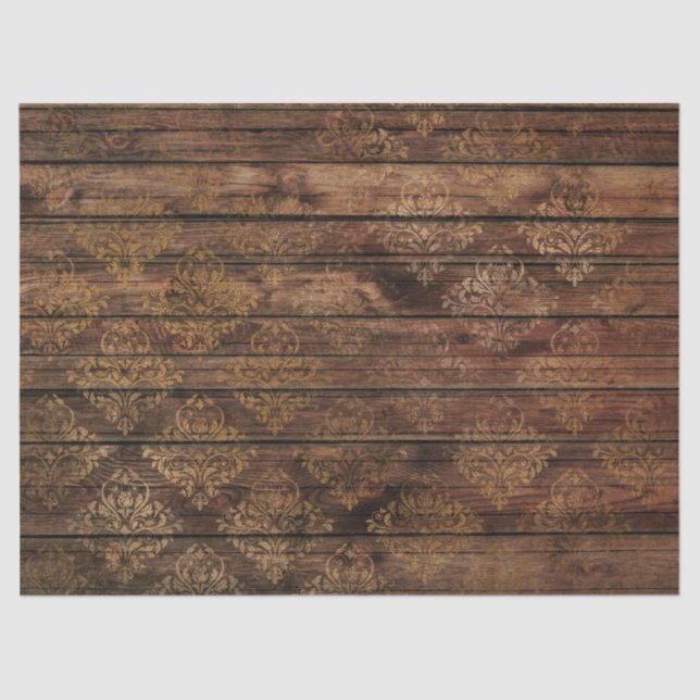 Gold Damask on Brown Wood Decoupage Tissue Paper (Front)