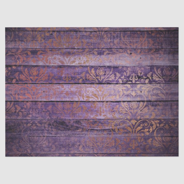 Gold Damask on Purple Wood Decoupage Tissue Paper (Front)