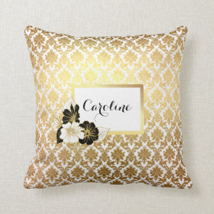 Gold Damask on White Throw Pillow