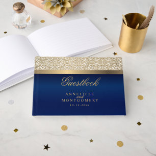 Gold Damask Pattern and Navy Blue Guest Book