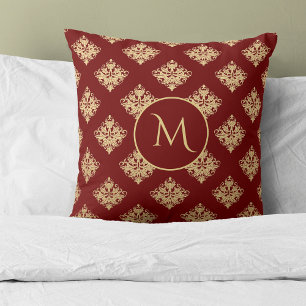 Gold Damask Pattern Monogram on Red Throw Pillow