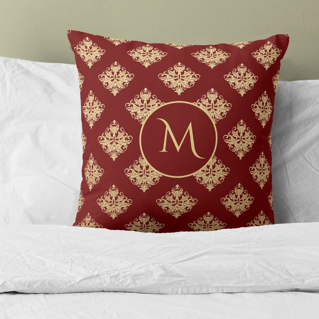 Gold Damask Pattern Monogram on Red Throw Pillow (Creator Uploaded)