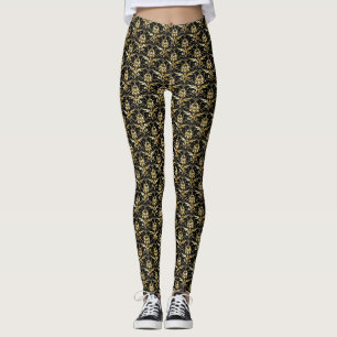 Gold Damask Pattern on Black Background Leggings