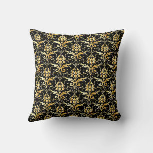 Gold Damask Pattern on Black Throw Pillow