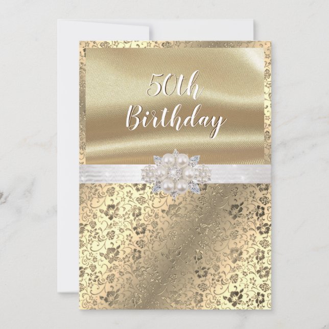 Gold Damask Pearls Diamonds White Satin 50th Invitation (Front)