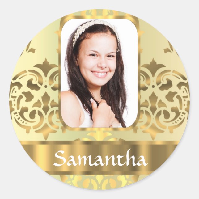 Gold damask photo border classic round sticker (Front)