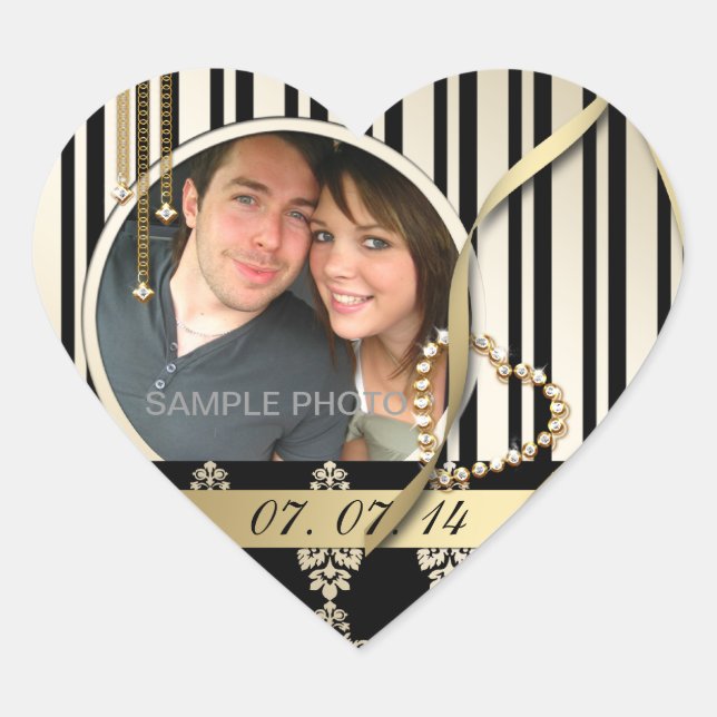 Gold Damask Photo Save the Date Labels Heart Shape (Front)