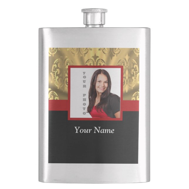 gold damask photo template hip flask (Front)