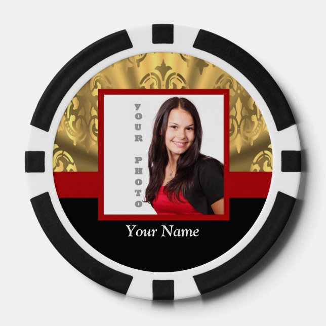 Gold damask photo template poker chips (Front)
