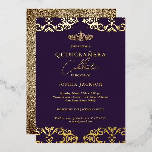 Gold Damask Purple Quinceanera 15th Birthday  (Front/Back)
