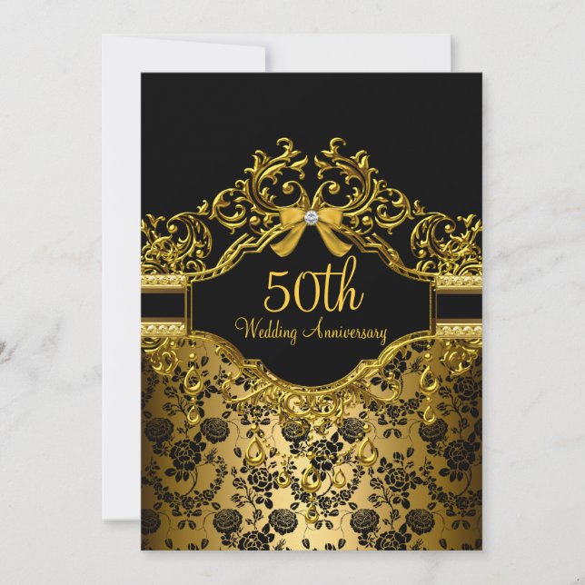 Gold Damask & Rose Invitation du 50e anniversaire (Devant)