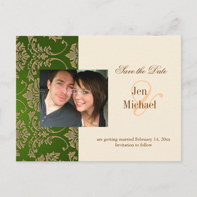 Gold damask, Save the Date Photo postcards, Announcement Postcard (Front)