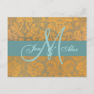 Gold Damask Save the Date Postcard   Blue
