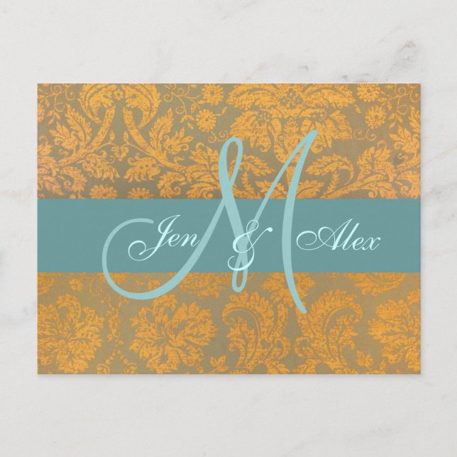 Gold Damask Save the Date Postcard | Blue (Front)