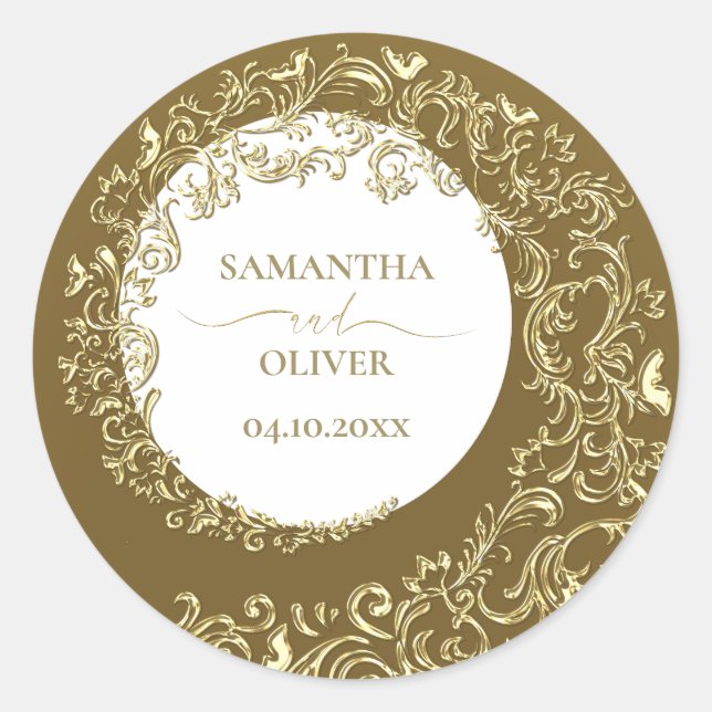 Gold Damask Wedding Classic Round Sticker (Front)