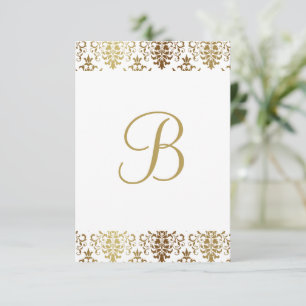Gold Damask White Monogram Elegant Chic Thank You Card