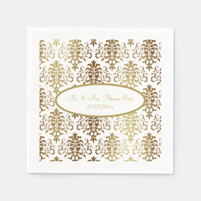 Gold Damask White Script Wedding Elegant Napkin (Front)