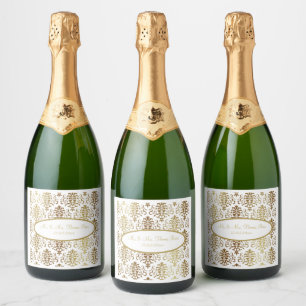 Gold Damask White Script Wedding Elegant Sparkling Wine Label