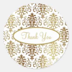 Gold Damask White Script Wedding Elegant Thank You Classic Round Sticker