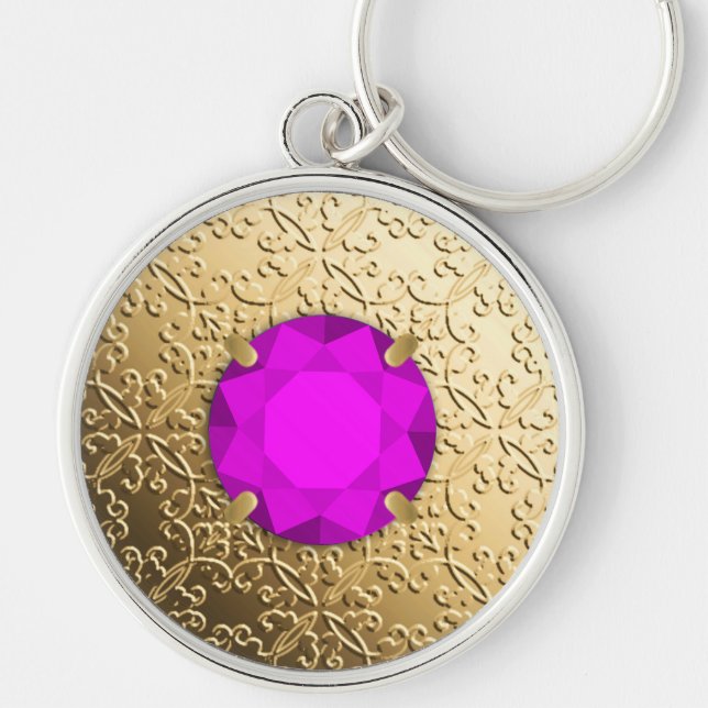 Gold Damask with a faux amethyst gemstone Keychain (Front)