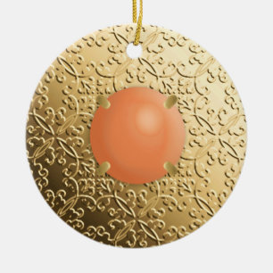 Gold Damask with a faux coral gemstone Ceramic Ornament