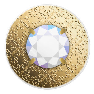 Gold Damask with a faux diamond gemstone Ceramic Knob