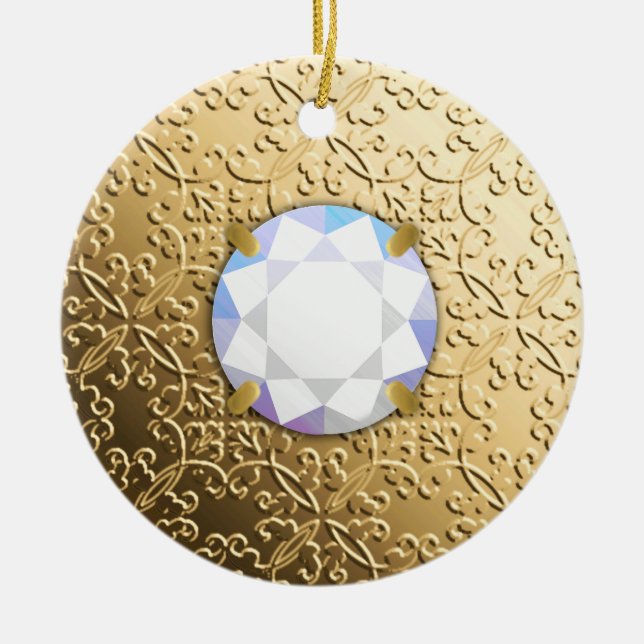 Gold Damask with a faux diamond gemstone Ceramic Ornament (Front)