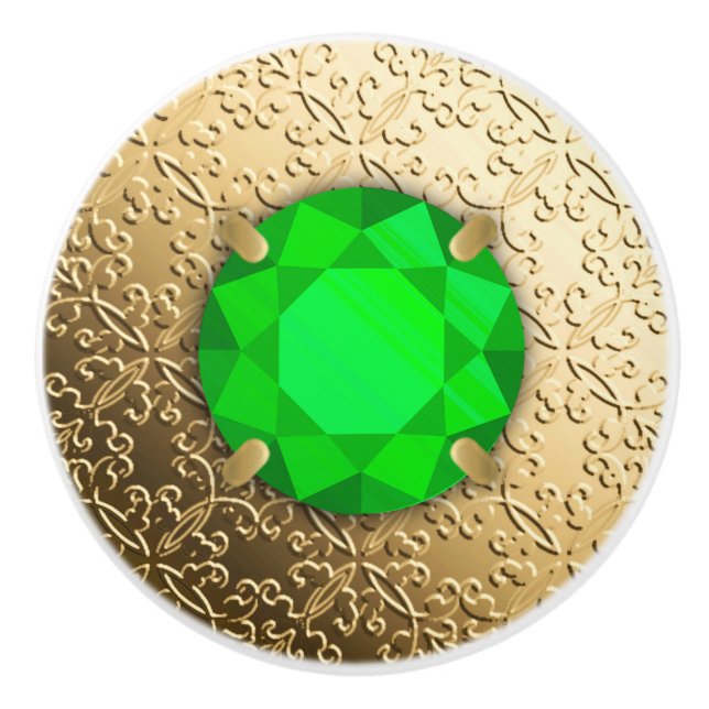 Gold Damask with a faux emerald gemstone Ceramic Knob (Front)