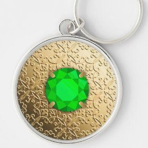 Gold Damask with a faux emerald gemstone Keychain