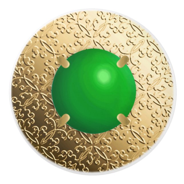 Gold Damask with a faux jade gemstone Ceramic Knob (Front)