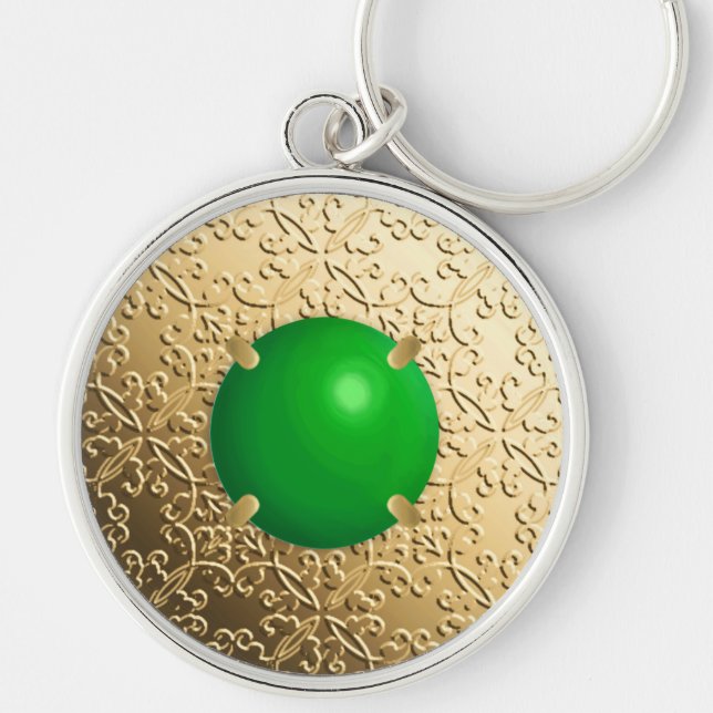 Gold Damask with a faux jade gemstone Keychain (Front)