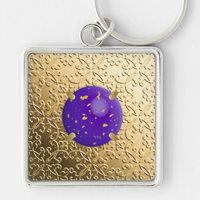 Gold Damask with a faux lapis lazuli gemstone Keychain (Front)