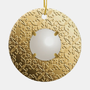 Gold Damask with a faux mabe pearl Ceramic Ornament