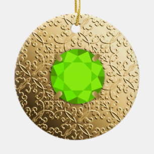 Gold Damask with a faux peridot gemstone Ceramic Ornament