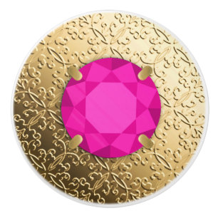 Gold Damask with a faux pink tourmaline gem Ceramic Knob