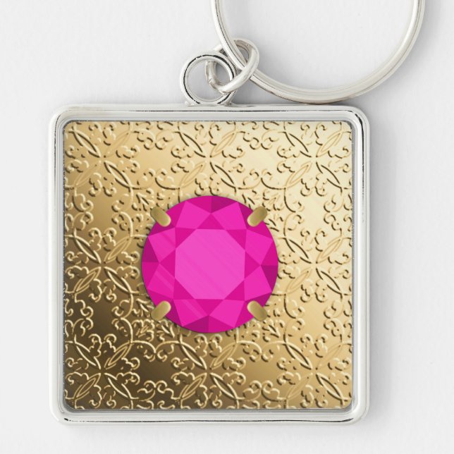 Gold Damask with a faux pink tourmaline gem Keychain (Front)