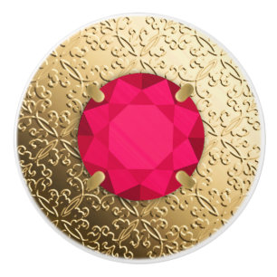 Gold Damask with a faux ruby gemstone Ceramic Knob