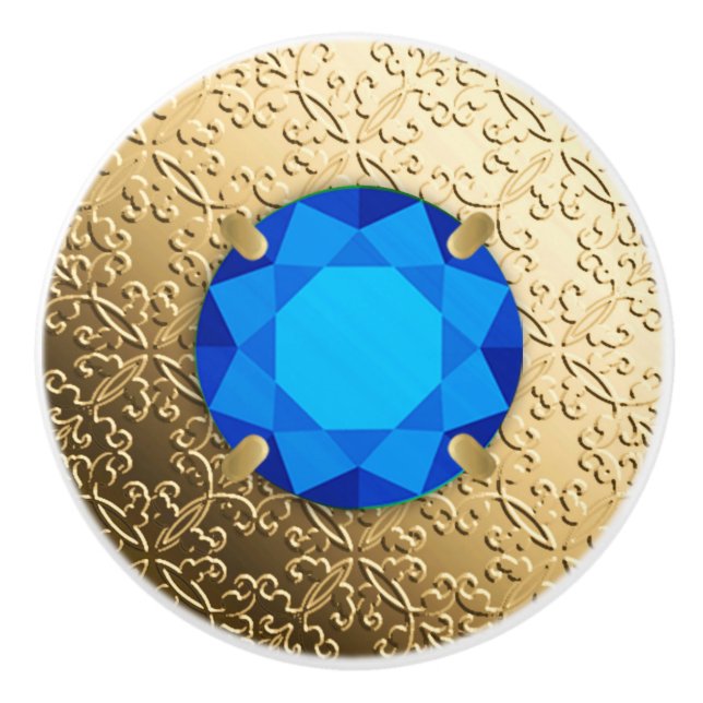 Gold Damask with a faux sapphire gemstone Ceramic Knob (Front)