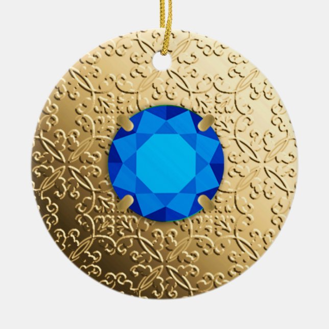 Gold Damask with a faux sapphire gemstone Ceramic Ornament (Front)