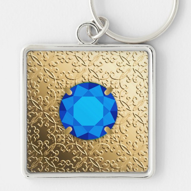 Gold Damask with a faux sapphire gemstone Keychain (Front)