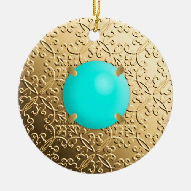 Gold Damask with a faux turquoise gemstone Ceramic Ornament (Front)